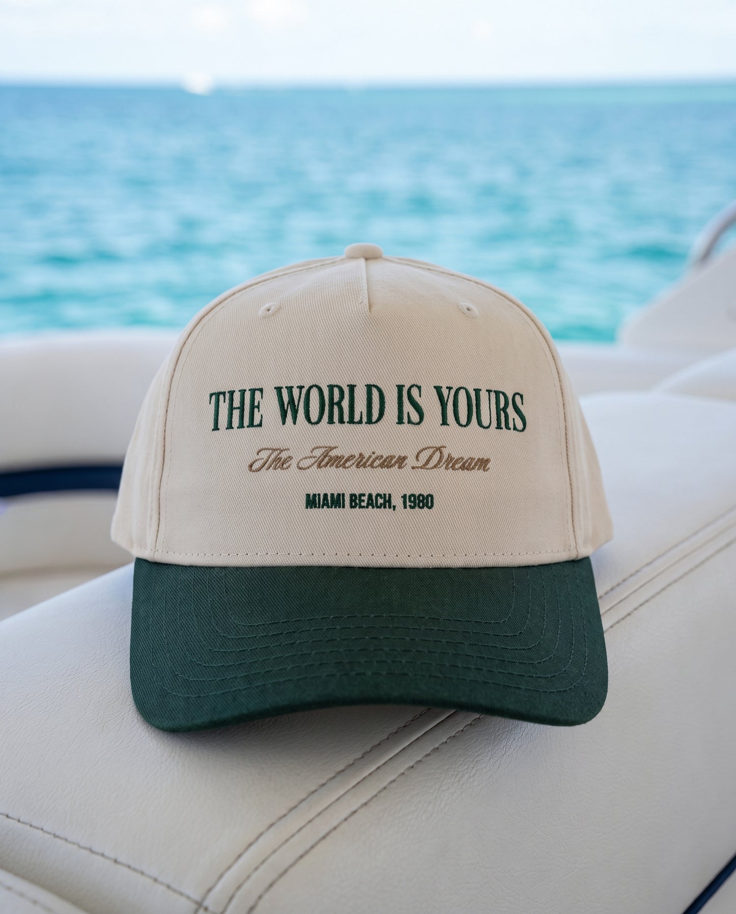 The World Is Yours, The American Dream, Miami Beach 1980, Classic Mid-Profile Cap – Green / Natural